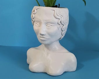 Handmade Stone Body Plant Pot | White Sculpture of a Woman's Bust, with Hollow Head Planter, Perfect for Plants and Flowers