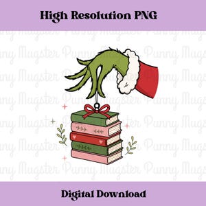 May include: A digital illustration of a green, furry hand with a red sleeve and white cuff holding a stack of five books tied with a red ribbon bow. The books alternate between green and pink covers, some featuring small heart and leaf motifs.
