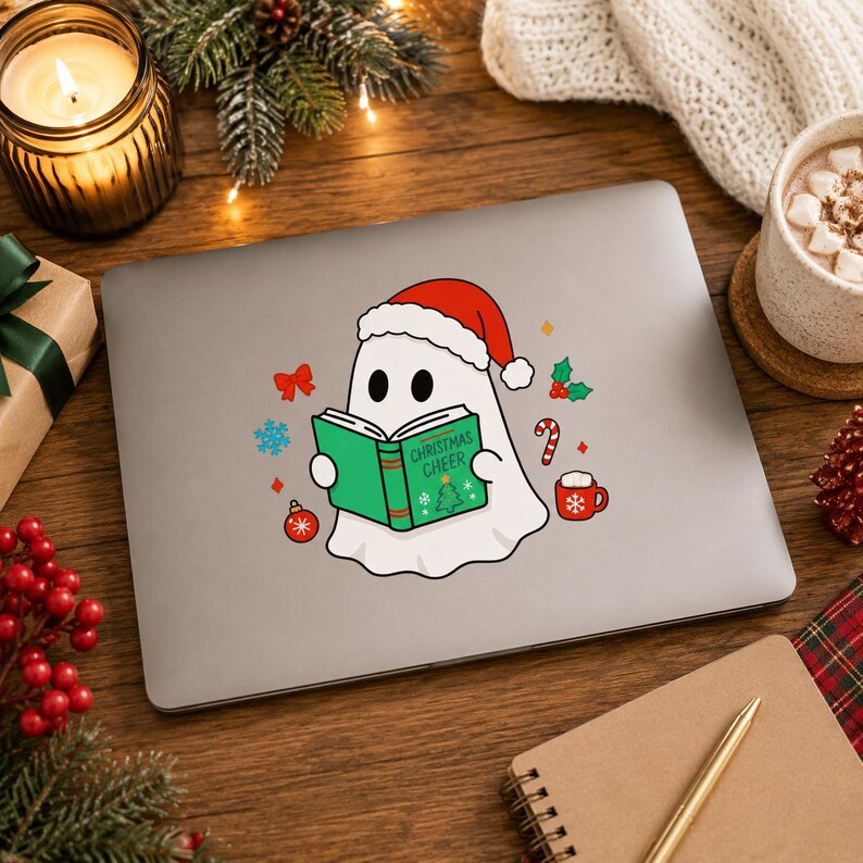 K&ouml;nnte beinhalten: Ein Laptop mit einem Aufkleber eines Cartoon-Geistes mit Weihnachtsm&uuml;tze, der ein gr&uuml;nes Buch mit der Aufschrift "Christmas Cheer" liest. Das Bild ist mit weihnachtlichen Dekorationen wie einer roten Schleife, Schneeflocken und einer Zuckerstange geschm&uuml;ckt.