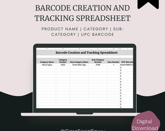 May include: A laptop screen displays a spreadsheet titled "Barcode Creation and Tracking Spreadsheet." The spreadsheet includes columns for product name, category, sub-category, and UPC barcode. The image also includes the text "Digital Download."