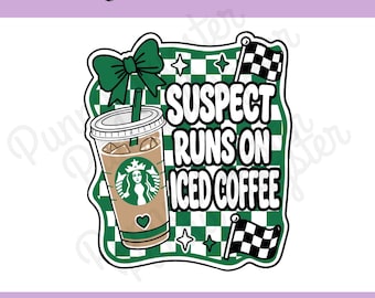 Suspect Runs on Iced Coffee PNG | True Crime Coffee Digital Download | Green Checker Bow Iced Coffee Sublimation Design