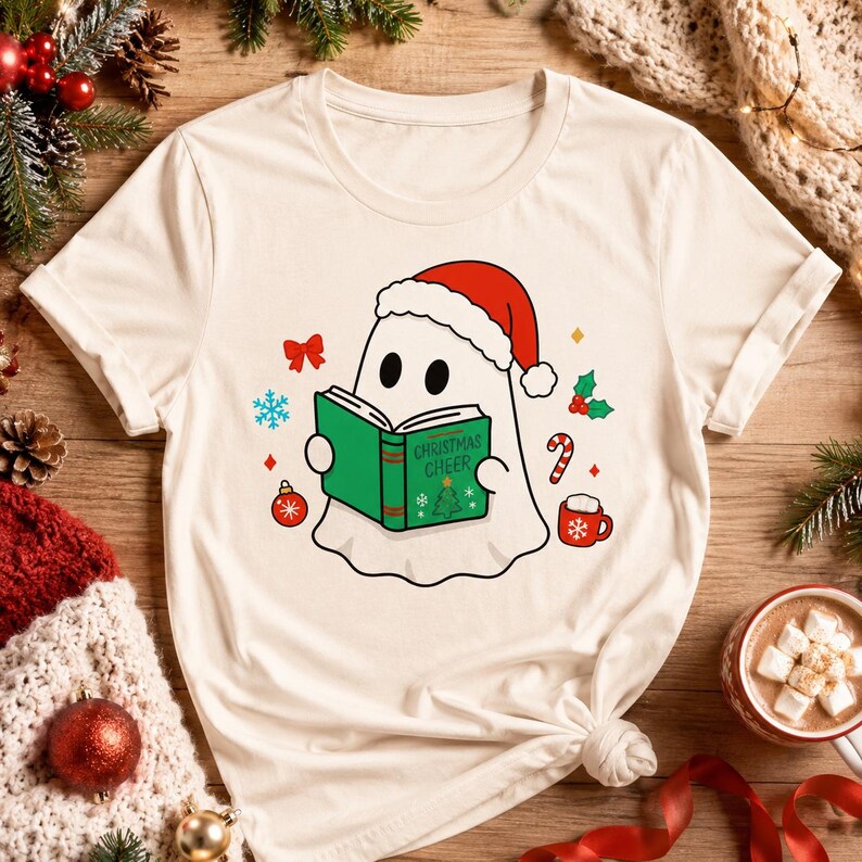 K&ouml;nnte beinhalten: Cremefarbenes T-Shirt mit einem Cartoon-Geist, der einen Weihnachtsmannhut tr&auml;gt und ein gr&uuml;nes Buch mit den Worten "Christmas Cheer" liest. Festliche Weihnachts-Grafiken, darunter eine Zuckerstange und eine Verzierung, umgeben den Geist.