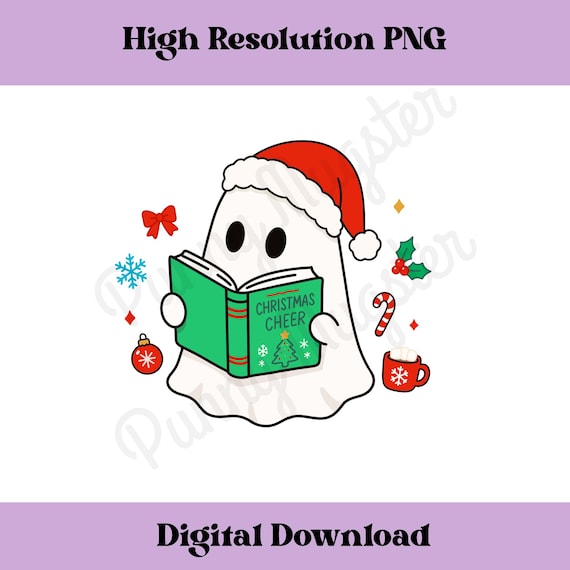 Christmas Reading Ghost PNG, Cute Holiday Bookish Digital Design, Festive Ghost Sticker, Christmas Book Lover PNG, Reader Sublimation File