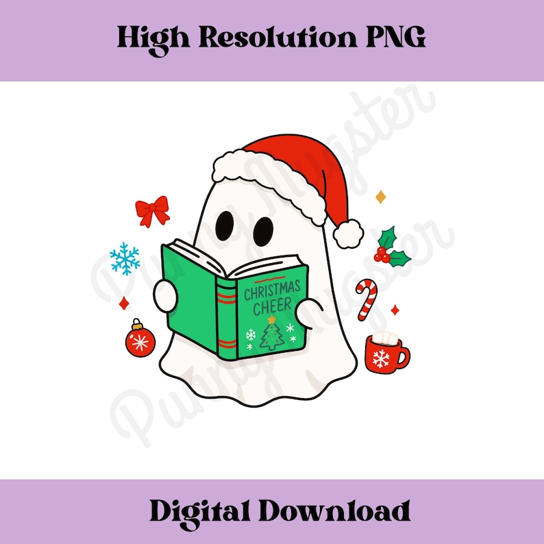 K&ouml;nnte beinhalten: Ein Cartoon-Geist mit Weihnachtsm&uuml;tze liest ein gr&uuml;nes Buch mit der Aufschrift "Christmas Cheer" auf dem Einband. Das Bild enth&auml;lt Weihnachtsschmuck, eine Zuckerstange und eine Tasse. Der Text oben lautet "High Resolution PNG" und unten "Digital Download".