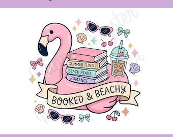 以下が含まれることがあります： 「Summer Fling」、「Beach Reads」、「Romance」などのタイトルが付いた本を載せたピンクのフラミンゴのフロートのデジタルイラスト。サングラス、貝殻、さくらんぼ、そして「Booked & Beachy」と書かれたバナーが含まれています。