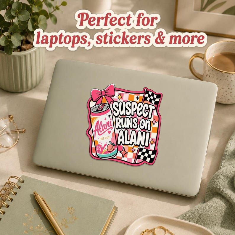 May include: A colorful sticker featuring a can of "Alani Energy" with the text "Suspect Runs on Alani." The design includes a pink bow, checkered flags, and star accents. The sticker is placed on a laptop.