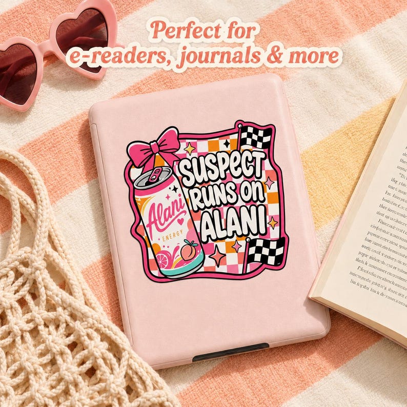May include: A pink e-reader case with a colorful sticker that says "Suspect Runs on Alani." The sticker features a cartoon can of Alani Energy drink, a pink bow, and checkered flags. The text "Perfect for e-readers, journals & more" is also visible.