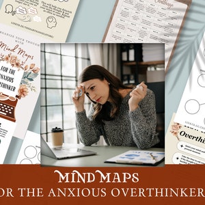 Puede incluir: Un conjunto de mapas mentales imprimibles diseñados para ayudar a las personas ansiosas que tienden a pensar demasiado a organizar sus pensamientos. Las hojas de trabajo imprimibles presentan ilustraciones florales y un diseño de máquina de escribir vintage. El texto en las hojas de trabajo incluye "Organiza tus pensamientos con mapas mentales para las personas ansiosas que tienden a pensar demasiado" y "Tarro de pensamientos".