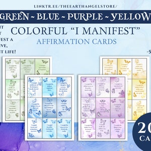 Baraja de 200 tarjetas imprimibles de afirmación positiva diaria "I Manifest", barajas de cartas coloridas para la ley de la atracción, 4 colores, impresiones digitales