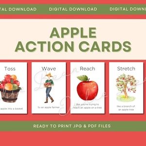 Tarjetas de movimiento de manzana, Actividad de otoño, Actividad de rincón relajante, Movimiento infantil, Tarjetas didácticas Montessori para educación en casa, Juego de acción, Unidad de la manzana