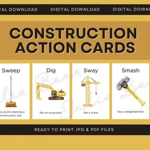 Construction Movement Cards, Toddler Activity, Calming Corner Activity, Kids Movement, Montessori homeschool Flashcards, Actions