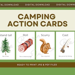 Cartes de mouvement pour le camping et la randonnée, activité pour le jour de l'indépendance, activité pour un coin apaisant, mouvements pour les enfants, cartes-éclair pour l'école à la maison Montessori