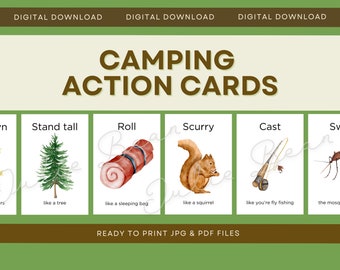 Puede incluir: Un conjunto de tarjetas de acción de campamento imprimibles con ilustraciones de estrellas, un árbol, un saco de dormir, una ardilla, una caña de pescar y un mosquito. Las tarjetas tienen el texto "Camping Action Cards" y "Ready to Print JPG & PDF Files".