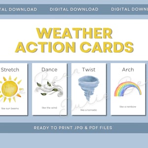 Weerbewegingskaarten, weereenheidactiviteit, kalmerende hoekactiviteit, kinderbeweging, montessori-homeschool-flashkaarten, actiespel