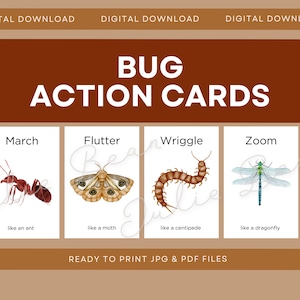 Cartes de déplacement d'insectes, Activité dans la nature, Activité pour calmer le coin, Mouvements d'enfants, Cartes-éclair Montessori pour l'école à la maison, Jeu d'action, Unité d'insectes
