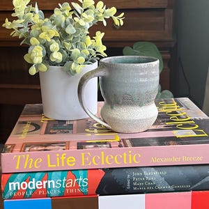 May include: A stack of three books with colorful covers. The top book is pink with the title "The Life Eclectic" in yellow letters. The middle book is red with the title "modernstarts" in white letters. The bottom book is blue, brown, white, and pink. A ceramic mug with a light blue glaze and a crackled finish sits on top of the books. A small potted plant with green leaves is in the background.