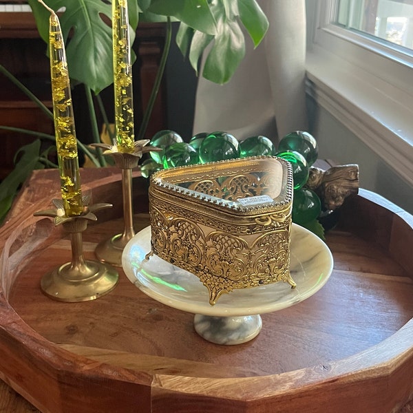 Antique 24k Gold Plated Filigree and Glass Jewelry Casket