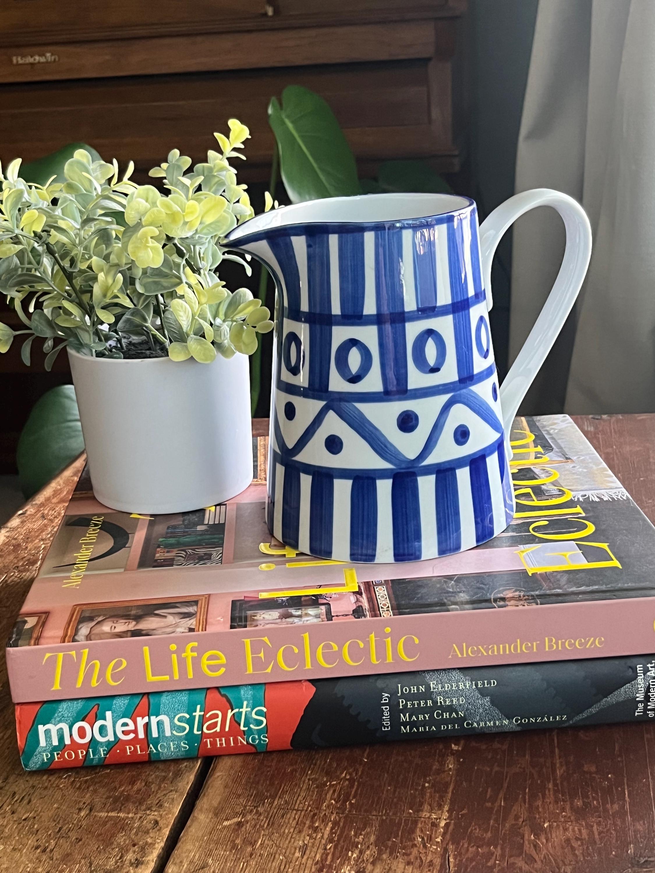 Vintage Dansk Arabesque 6.5inch Pitcher, Blue and White, 40oz