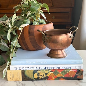 Könnte beinhalten: Eine kupferfarbene Schale mit verzierten Griffen liegt auf einem Stapel von Büchern, darunter eines mit dem Titel "Pablo Picasso". Ein Holztopf mit Streifenmuster enthält eine grün-weiße Pflanze. Die Szene spielt sich auf einer Marmoroberfläche ab.