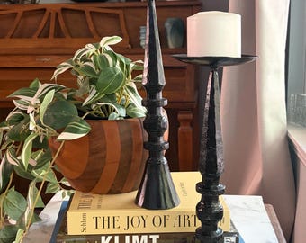 Pair of 2 Heavy Black Brutalist Industrial Pillar Candlesticks