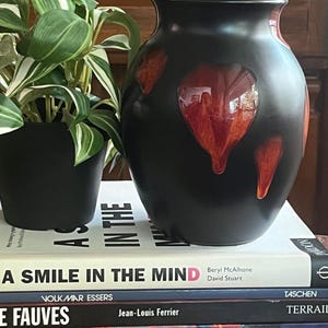 Könnte beinhalten: Eine schwarze Keramikvase mit roten abstrakten Designs, neben einer Topfpflanze. Die Vase steht auf einem Stapel von Büchern, darunter eines mit dem Titel "A SMILE IN THE MIND". Die Bücher stehen auf einer Holzoberfläche.