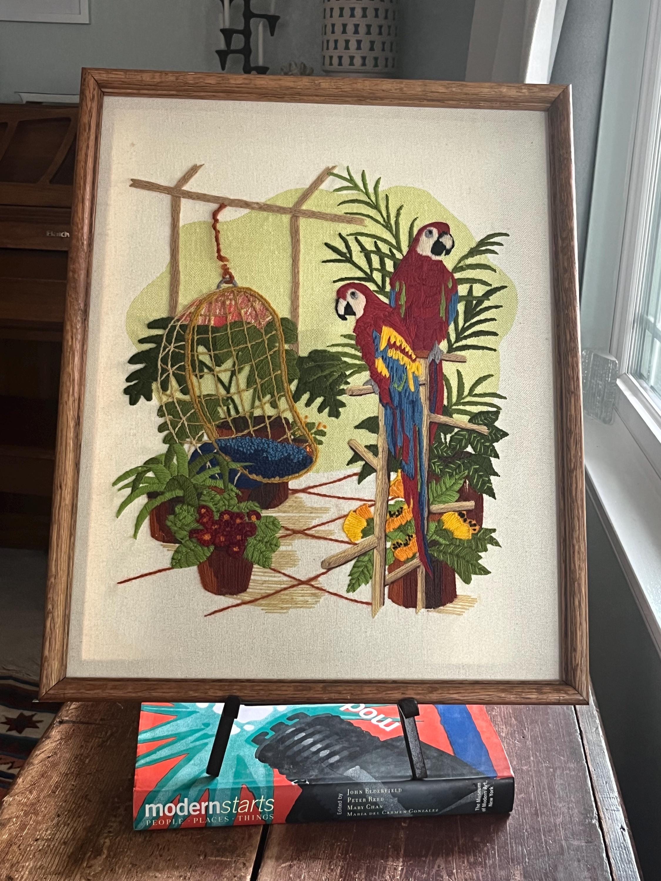 Sunset Designs 1981 Tropical Boho Pair of Parrots Crewel, Framed, please read description
