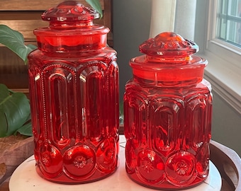 Vintage L.E. Smith Glass Moon and Stars Amber Lidded Canister - Etsy