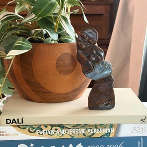 May include: A dark brown ceramic sculpture depicting two figures in an embrace, positioned on a stack of three books titled Dalí, Evelyn and Jerome Ackerman, and Picasso 1900-1906, next to a wooden planter containing a variegated green and white plant.