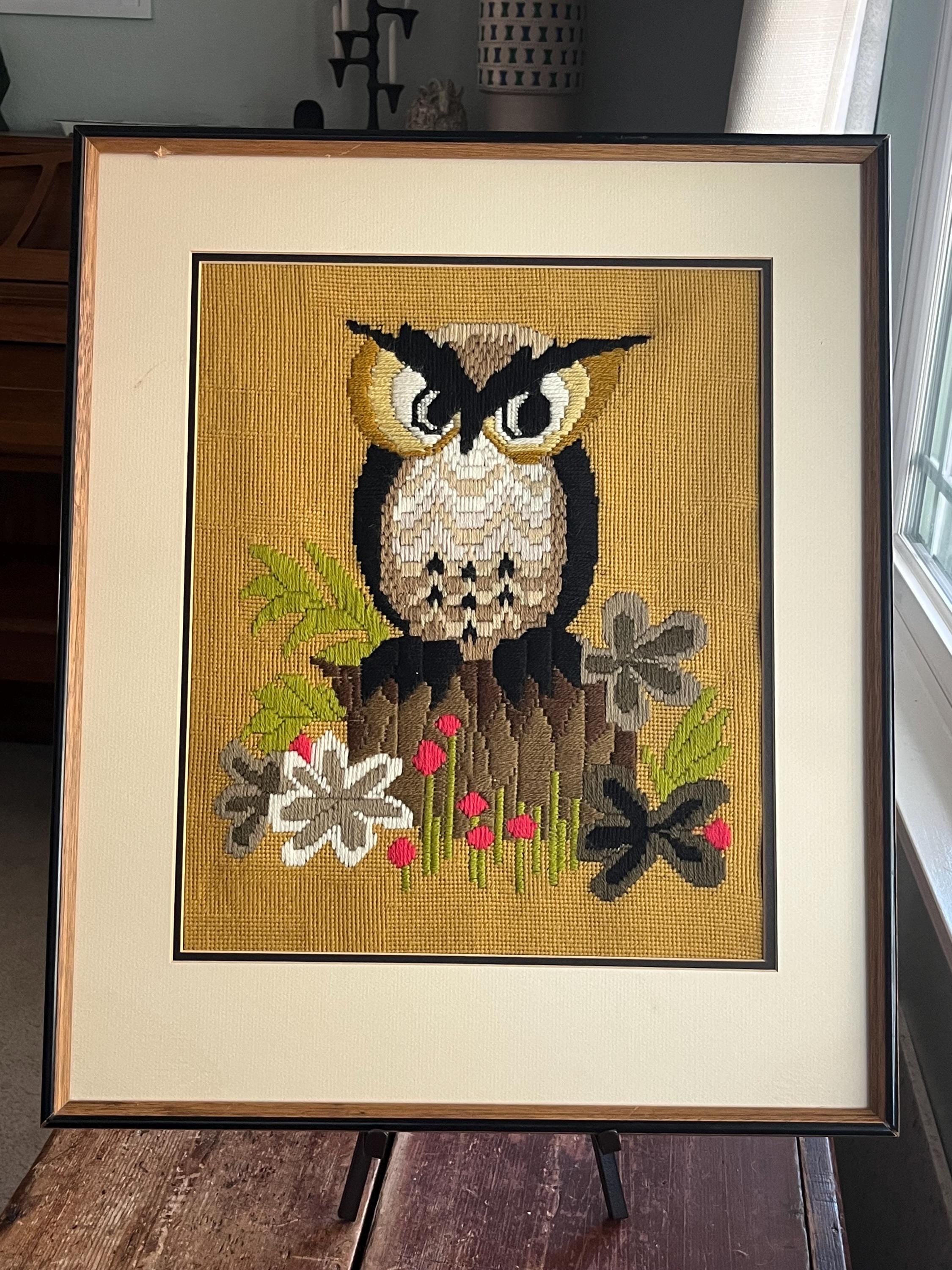 Vintage Owl Needlepoint Crewel, Matted and Framed, Avon Creative Needlecraft Owl Picture