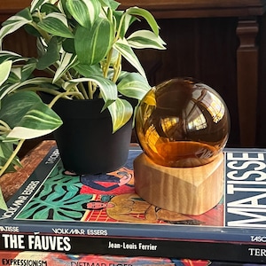 Puede incluir: Una esfera de vidrio ámbar sobre una base de madera, exhibida sobre una pila de libros de arte. Una planta en maceta con hojas verdes y blancas está a la izquierda. Los libros se titulan "Matisse" y "The Fauves".