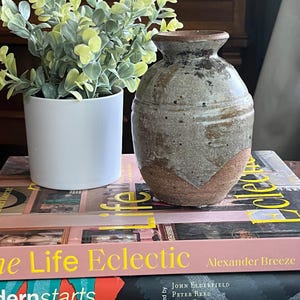 Può includere: Un vaso in ceramica rustica fatto a mano con bordo e base marroni e corpo grigio e marrone. Accanto, un vaso bianco con una pianta a foglie verdi e gialle. Il vaso e la pianta sono su una pila di libri con copertine colorate.