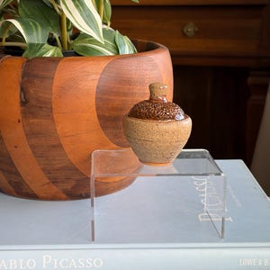 May include: A small, vintage ceramic jar with a textured, brown lid and a beige body. The jar sits on a clear acrylic stand, with a large wooden planter and a plant in the background.