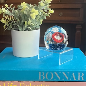 Faceted Art Glass Paperweight, multicolored flowers and controlled bubbles