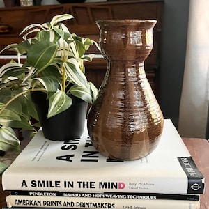 Może przedstawiać: Brązowy ceramiczny wazon z szeroką podstawą i wąską szyjką stoi na stosie książek. Wazon ma teksturowaną powierzchnię i błyszczące wykończenie. Po lewej stronie znajduje się roślina doniczkowa z zielono-białymi paskami na liściach.