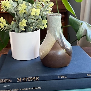 Op de afbeelding: Een bruine en witte keramische vaas met een rond lichaam en een smalle hals. De vaas staat op een stapel van drie boeken. Het bovenste boek heeft de titel "MATISSE" op de omslag. Het tweede boek heeft de titel "AMERICAN INTERIORS" op de omslag. Het onderste boek heeft de titel "inting a New World" op de omslag.