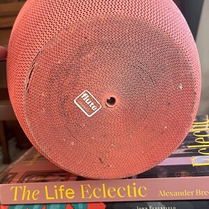 May include: A red, round, cardboard object with a textured surface. The object has a small hole in the center and a white label with the word "flute" printed on it. The object is sitting on top of two books, one titled "The Life Eclectic" and the other titled "modernstarts PEOPLE PLACES THINGS".