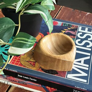 May include: A small, wooden bowl with a rounded interior and a flat base. The bowl is light brown and sits on a stack of books with the word "MATISSE" visible. A potted plant with green and white striped leaves is in the background.