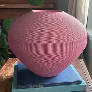 May include: A pink, corrugated cardboard vase sits on top of a stack of three books. The books are blue and teal with titles that include "Matisse" and "Painting a New World".