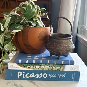Copper and Brass Pot Cauldron with Handle, Applied Script