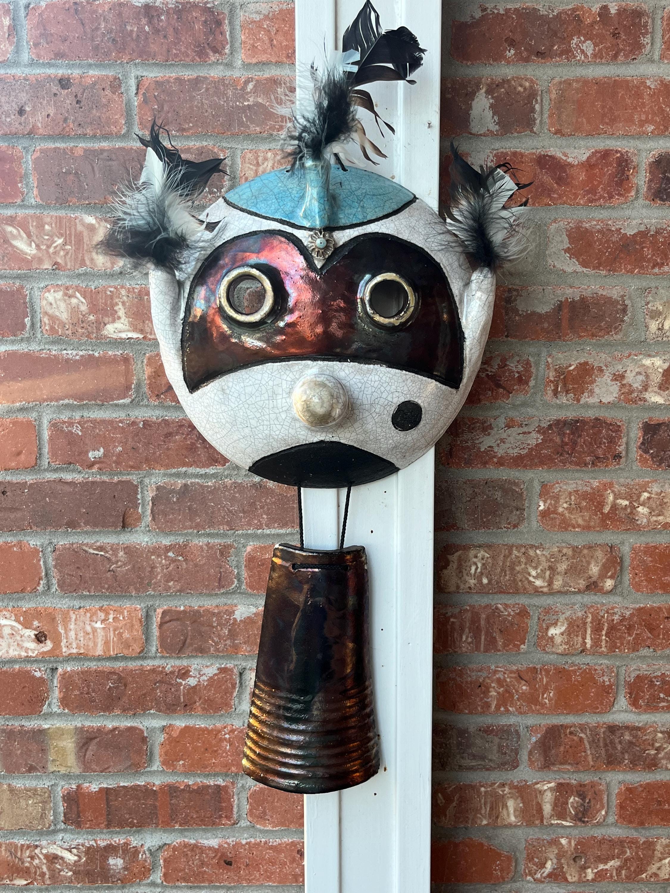 Raku Fired Pottery Kachina Mask Wall Hanging, Handmade, One of a kind, signed Deeq.