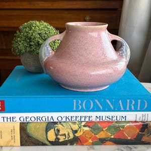 May include: A pink ceramic vase with two handles, sitting on a stack of books. The vase has a speckled texture and a rounded shape. The books are titled "BONNARD" and "THE GEORGIA O'KEEFFE MUSEUM". A small green plant in a pot is visible.