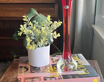 Tokai Glass Tall Red/Clear Scandinavian Style Vase with Controlled bubble base