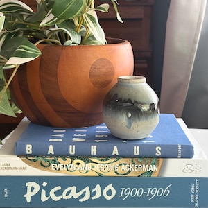 Op de afbeelding: Een kleine, ronde keramische vaas met een gespikkeld crème en donkerblauw glazuur staat op een stapel van drie boeken. De boeken zijn getiteld Bauhaus 1919, Evelyn and Jerome Ackerman en Picasso 1900-1906. Achter de vaas staat een houten kom met een plant.