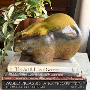 Può includere: Una scultura di orso in ceramica marrone, beige e verde è appoggiata su una pila di libri. I libri includono titoli come "The Art & Life of Georgia O'Keeffe" e "Pablo Picasso: A Retrospective."