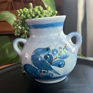 Könnte beinhalten: Eine blaue und weiße Keramikvase mit Vogel- und Blumenmotiv. Die Vase hat zwei Henkel und ist mit blauer und weißer Farbe verziert.
