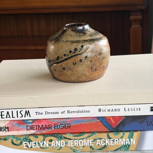Op de afbeelding: Een kleine, ronde keramische vaas met een bruin en tan gevlekt glazuur. Een donker, lineair ontwerp met kleine stippen versiert de zijkant. De vaas staat op een stapel boeken met titels als "REALISM" en "EVELYN AND JEROME ACKERMAN."