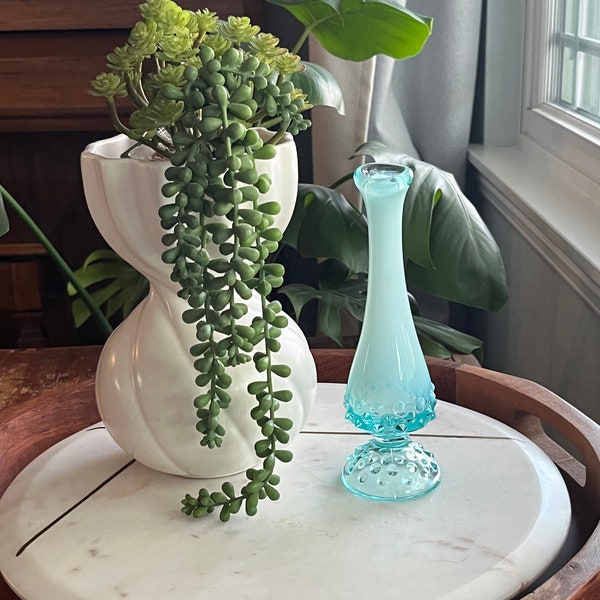 Fenton Blue Opalescent Hobnail Swung Bud Vase