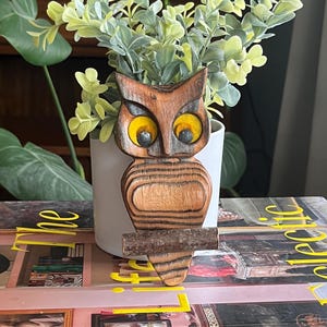 May include: A wooden owl figurine with yellow eyes and a brown and black striped pattern. The owl is perched on a branch and is sitting on a white planter with green leafy plants.