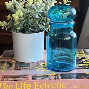 Vintage Blue Glass Bubble Top Apothecary Jar, made in Belgium, 7 inch