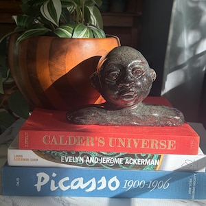 May include: A dark, speckled, glazed ceramic bust of a head and shoulders resting on a stack of three books. The books are titled Calder's Universe, Evelyn and Jerome Ackerman, and Picasso 1900-1906. The sculpture has a smooth, reflective surface.